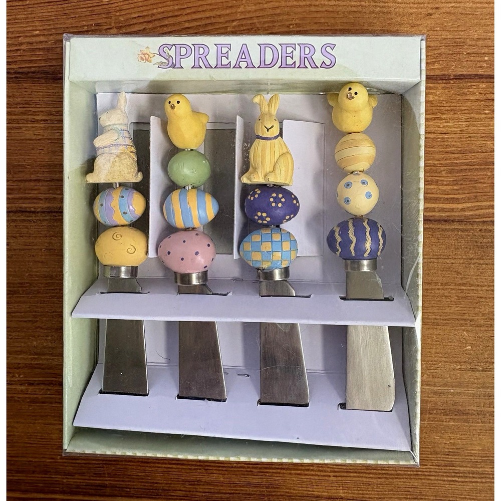 Debbie Mumm Spring Bunny Chick Cheese Spreader Knives Set of 4 Stainless/Wood